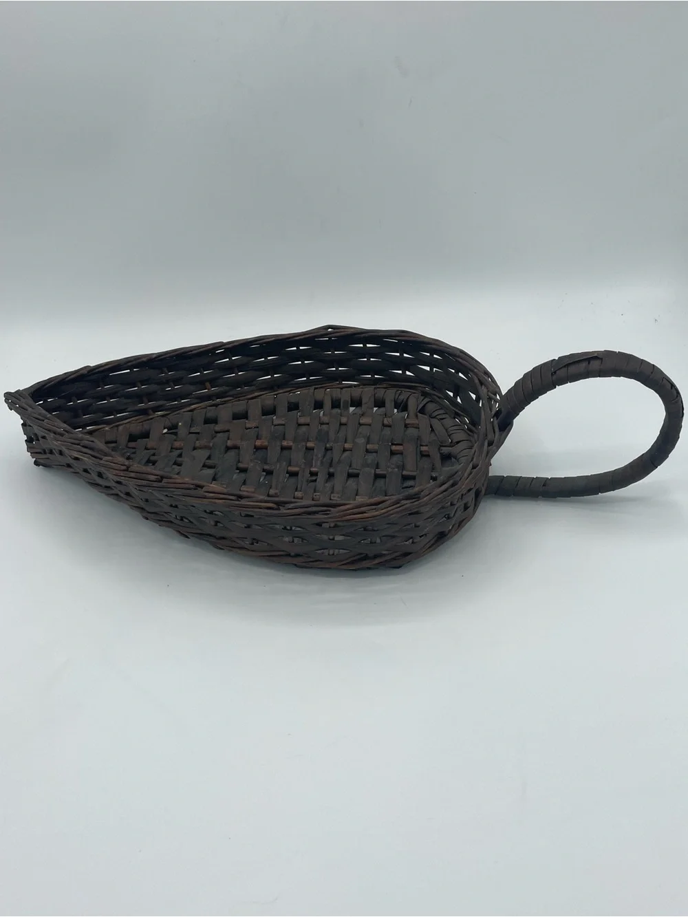 Vintage Handwoven Brown Oval Serving Tray Basket with Side Handle Signed Madeira